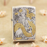 Silver-tone Zippo Armor lighter with engraved geisha, dragon artwork and gold-tone accents
