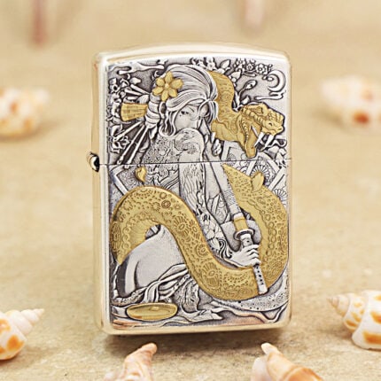 Silver-tone Zippo Armor lighter with engraved geisha, dragon artwork and gold-tone accents
