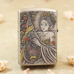 Close-up of the Tang Dynasty narrative artwork on the two-tone Zippo Armor case