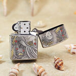 Open silver-plated Zippo Armor lighter showing an alternate view of the historical engraving