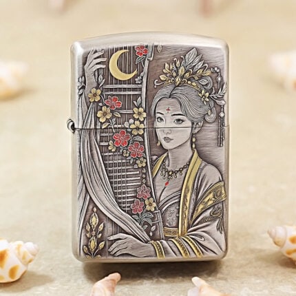 Silver-plated Zippo Armor lighter with Tang Dynasty-inspired engraving and gold inlay