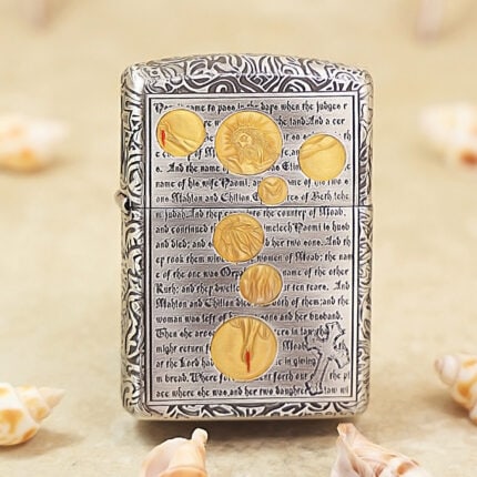 KZ327 Zippo Armor face with seven gold-tone symbol inlays