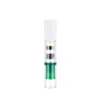 Clear disposable vape cartridge with green band and visible coil, standing upright against a white background