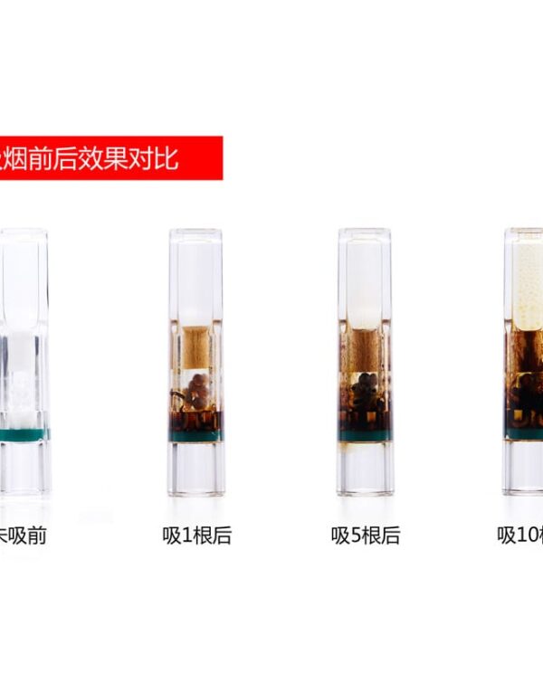 ZB802-01 四个透明管状对比图,依次显示未吸前、吸1根后、吸5根后、吸10根后内部沉积物的变化(吸烟前后效果对比)