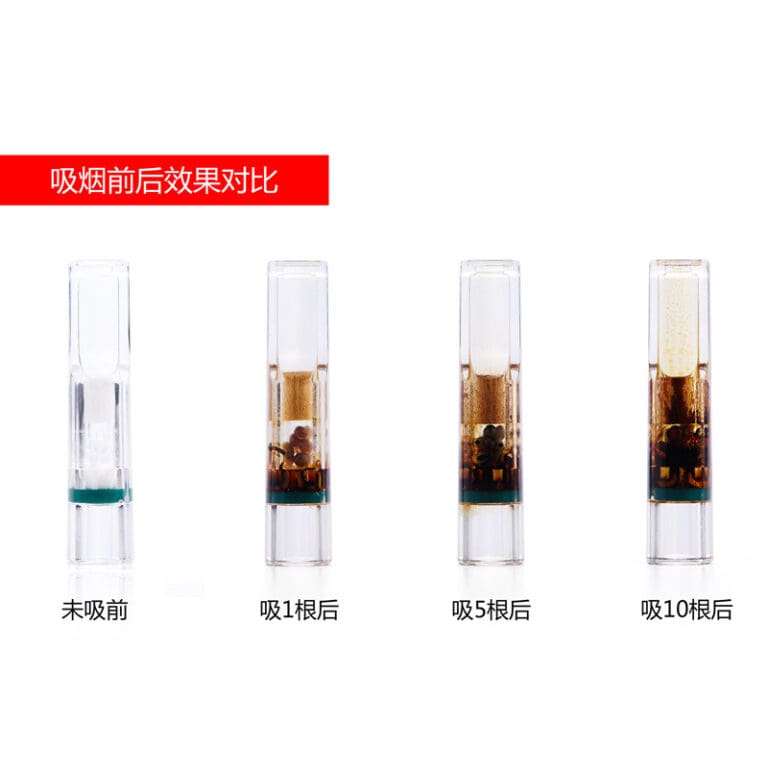 ZB802-01 四个透明管状对比图,依次显示未吸前、吸1根后、吸5根后、吸10根后内部沉积物的变化(吸烟前后效果对比)