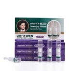 Boxed set of Three-ply Cigarette Tar Filter products with several transparent filter cartridges in front.