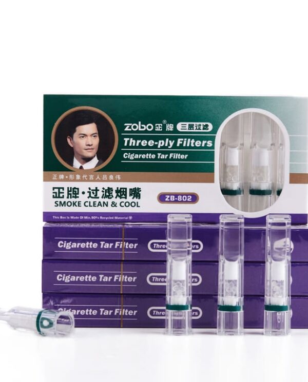 ZB802-02 Boxed set of Three-ply Cigarette Tar Filter products with several transparent filter cartridges in front.
