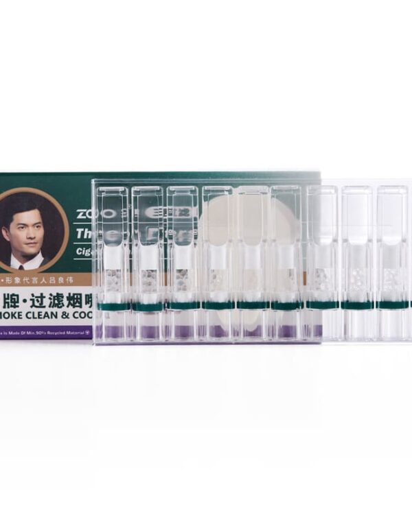 ZB802-03 Box labeled Smoke Clean & CO? with a portrait on the left and multiple clear filter tubes in a plastic tray beside it.