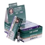 Teal packaging boxes for Zobo Three-plies cigarette tar filters, with a man's portrait on the front, displayed in a retail display case and packaging inserts.