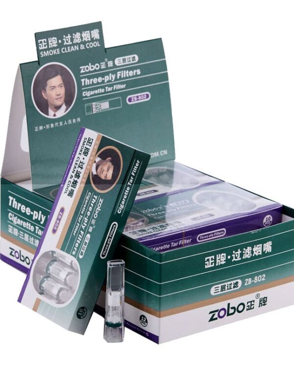 ZB802-04 Teal packaging boxes for Zobo Three-plies cigarette tar filters, with a man's portrait on the front, displayed in a retail display case and packaging inserts.