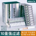 Zobo cigarette filters product display with multiple blister packs stacked beside a teal box, and Chinese text promoting 10-layer filtration.