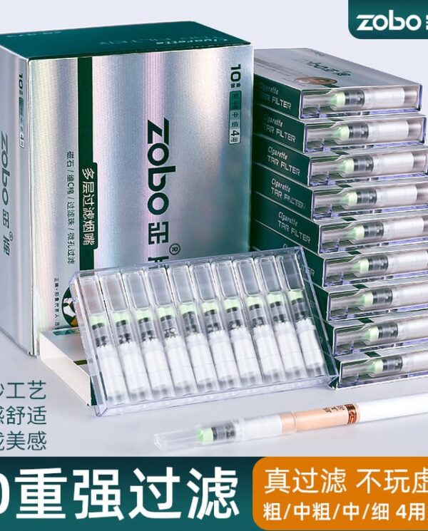 Zobo cigarette filters product display with multiple blister packs stacked beside a teal box, and Chinese text promoting 10-layer filtration.