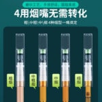 并列的四支香烟替代口吸头示意，从左到右标注为粗烟、中粗烟、中烟、细烟，背景为深绿蓝色。顶部有中文宣传文本。