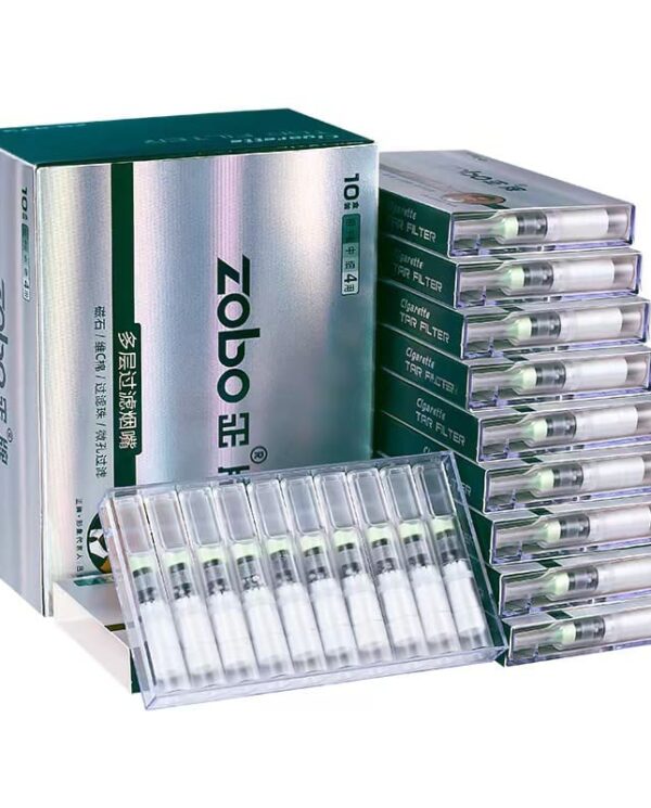 Boxed Zobo cigarette tar filters with multiple individual filter cartridges in a clear blister pack
