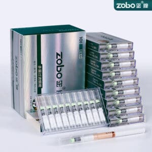 Zobo product boxes with stacked sealed vials and a clear blister pack on a light background