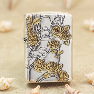 Zippo Armor Etching Silver With Inlay Gold Rose Girl Lighter
