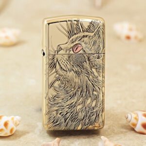 Zippo Slim Etching Brass Melancholy Cat Lighter
