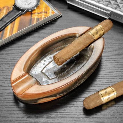 CigarLoong CL-024 antique-style two-cigar ceramic ashtray with brass inlay