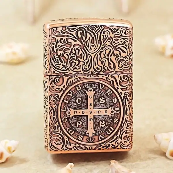 KZ331 solid copper Zippo St Benedict cross engraved front