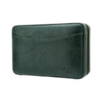 Dark green leather wallet with a zip-around closure and curved front pocket detail