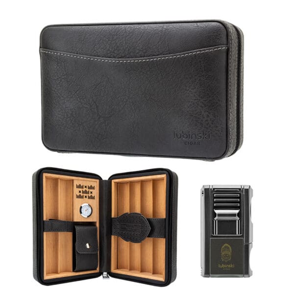 CH-022-05 Black leather cigar travel case, opened to show wooden cigar dividers, a small humidification gauge, and a strap-secured pouch inside; lighter sits nearby.