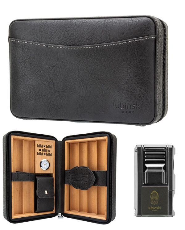 CH-022-05 Black leather cigar travel case, opened to show wooden cigar dividers, a small humidification gauge, and a strap-secured pouch inside; lighter sits nearby.