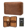 Brown leather travel cigar humidor opened to reveal multiple cigar slots and a small strap, with a metal lighter beside it