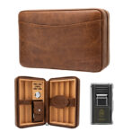 Brown leather travel cigar humidor opened to reveal multiple cigar slots and a small strap, with a metal lighter beside it