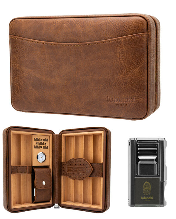 CH-022-06 Brown leather travel cigar humidor opened to reveal multiple cigar slots and a small strap, with a metal lighter beside it