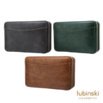 Set of three leather wallets in black, green, and brown with a curved stitch pocket on the front (Lubinski logo bottom right).