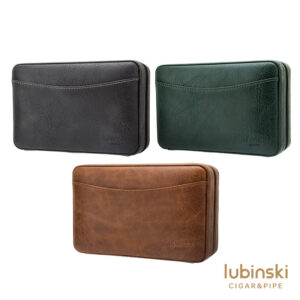 Set of three leather wallets in black, green, and brown with a curved stitch pocket on the front (Lubinski logo bottom right).