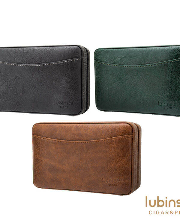 CH-022 Set of three leather wallets in black, green, and brown with a curved stitch pocket on the front (Lubinski logo bottom right).