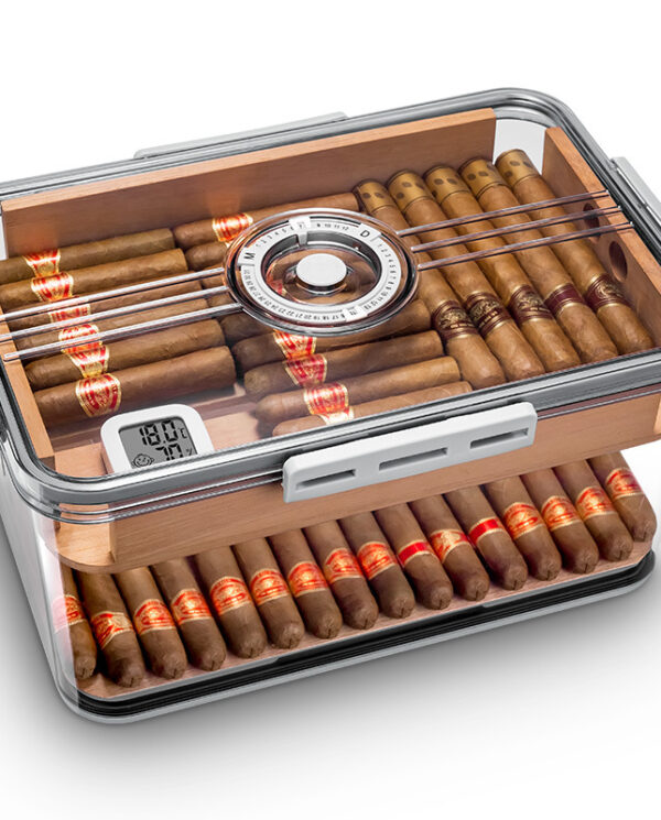 CH001-04 Transparent cigar humidor full of cigars, with a central round humidifier dial and a digital hygrometer on the lid.