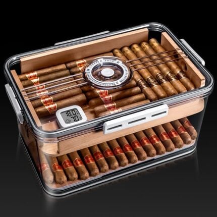 CigarLoong clear acrylic cigar humidor with cedar interior and hygrometer