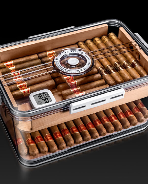 CH001 Open glass-top cigar humidor with neatly arranged cigars and a built-in hygrometer display inside the box.
