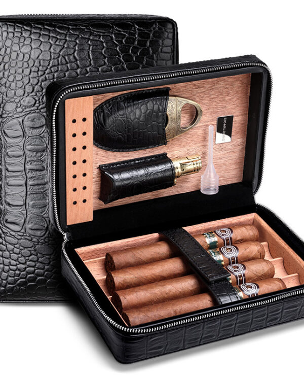 Opened black textured leather cigar case showing cigars and accessories arranged in a wooden interior tray.