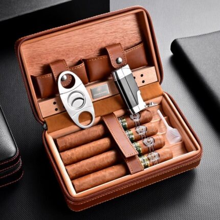 Open brown CigarLoong leather travel humidor with cigars and accessory compartments