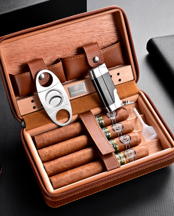 Open brown leather cigar case revealing five cigars, a metal cigar punch, and a black–silver lighter with built-in lighter tool accessories inside.