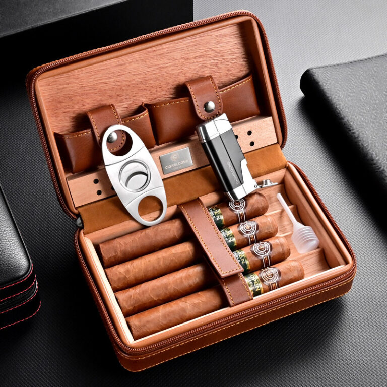 Open brown leather cigar case revealing five cigars, a metal cigar punch, and a black–silver lighter with built-in lighter tool accessories inside.