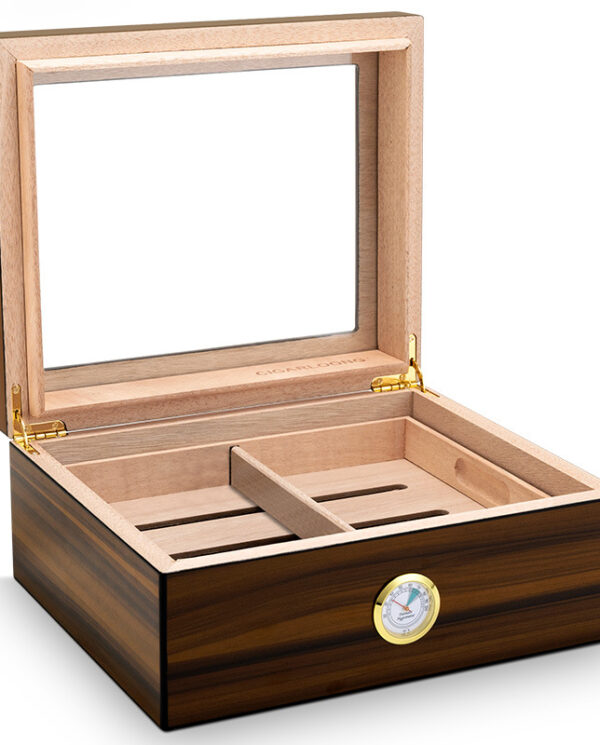 CH003-02 Open wooden cigar humidor with divided inner trays and a brass hygrometer on the front edge.