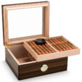 Wooden cigar humidor with lid open, showing two trays of cigars and a humidifier on top, plus a built-in hygrometer on the front panel