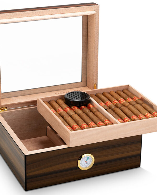 CH003-03 Wooden cigar humidor with lid open, showing two trays of cigars and a humidifier on top, plus a built-in hygrometer on the front panel