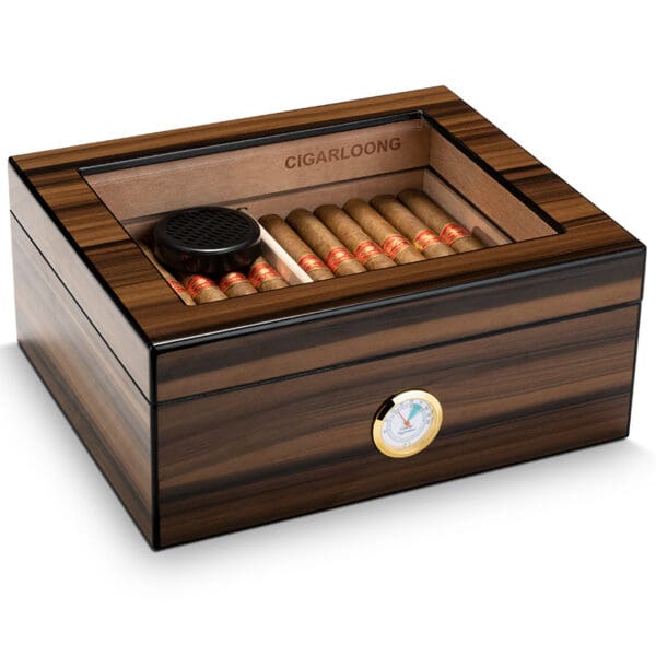 CH003-04 Wooden cigar humidor with cigars arranged inside and a humidity gauge on the front lid side