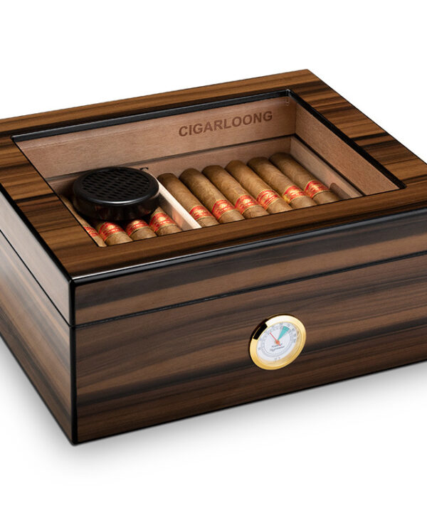 CH003-04 Wooden cigar humidor with cigars arranged inside and a humidity gauge on the front lid side