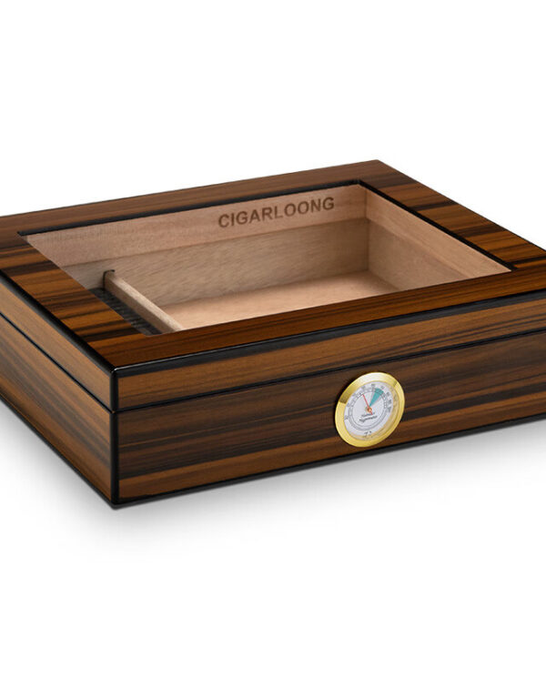 CH003-05 Wooden cigar humidor with glass top window and brass hygrometer on the front panel, inner divider inside.