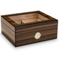 Wooden cigar humidor with a hygrometer on the front and an open lid showing an inner tray.
