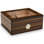Wooden cigar humidor with a hygrometer on the front and an open lid showing an inner tray.