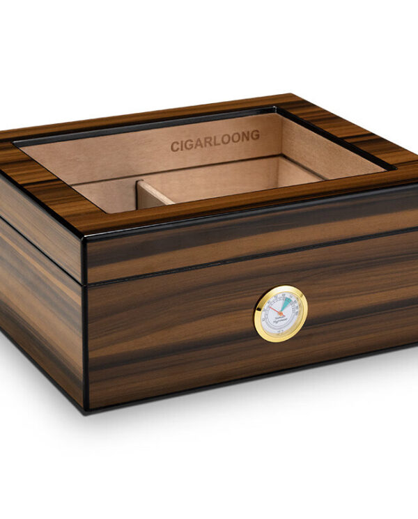 CH003-06 Wooden cigar humidor with a hygrometer on the front and an open lid showing an inner tray.