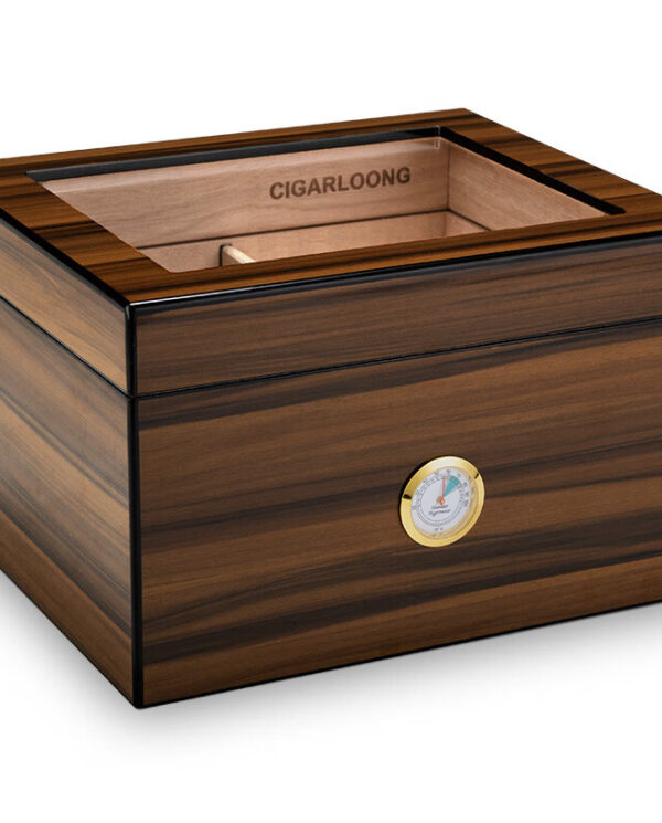 CH003-07 Wooden cigar humidor with a glass top window and a gold-rimmed hygrometer on the front, used to store cigars.