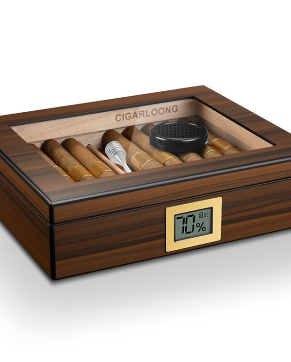 CH003-08 Wooden cigar humidor with a glass top, containing cigars and a digital humidity display on the front panel.